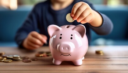a child is putting a coin into a piggy bank, symbolizing saving money and financial responsibility. A pink piggy bank sits on a table, with some loose coins scattered around it