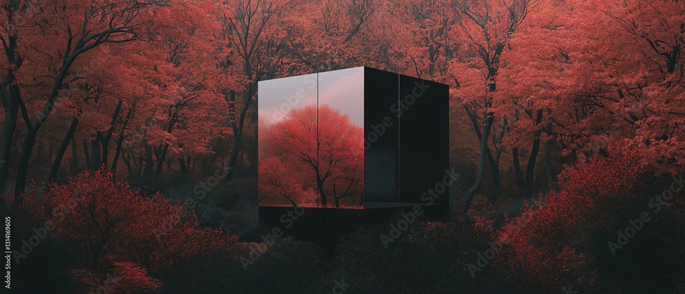 Poster digital art piece that appears to be a photograph of a forest. the background is filled with tall tr