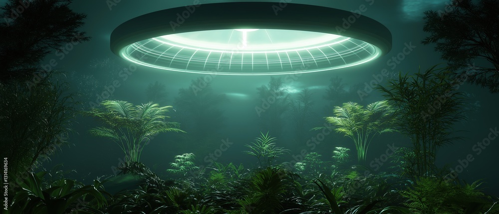 Poster futuristic landscape with a large circular ufo hovering above the plants and trees. the ufo is glowi