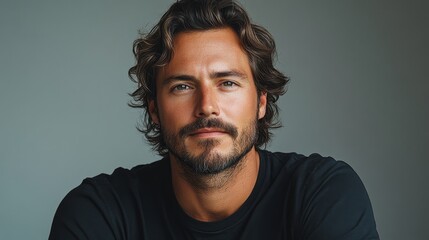 Fototapeta premium minimalistic portrait of adult European man is 40 years old with shoulder-length hair wearing black T-shirt on grey background