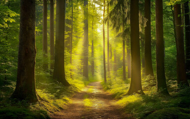 Obraz premium Beautiful and magical landscape forest at dawn. Environmental conservation and protection of planet. 