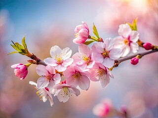 Obraz premium A solitary pink cherry blossom branch bursts into spring bloom, a high-resolution botanical image perfect for floral backgrounds.