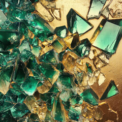 Abstract green and gold shattered glass art.