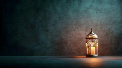 Fototapeta premium Ornate Lantern with Glowing Candle on Dark Teal Backdrop for Ramadan Celebration and Festive Atmosphere