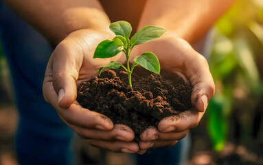 Hands holding young plant in fertile soil at sunset. New life and environmental conservation concept. International earth day.