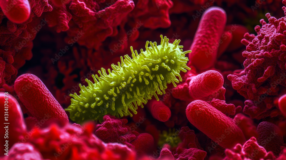 Poster colorful depiction of a bacterium surrounded by vibrant cellular structures under a microscope