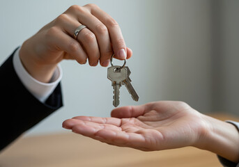 Hands exchanging keys symbolize a new home, ownership, and the real estate process.