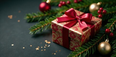 Ornate gift box amidst pine boughs, ornaments, berries, present, winter