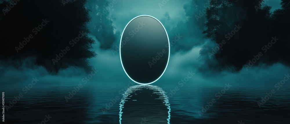 Poster digital illustration of a large, circular object in the center of a body of water. the object appear