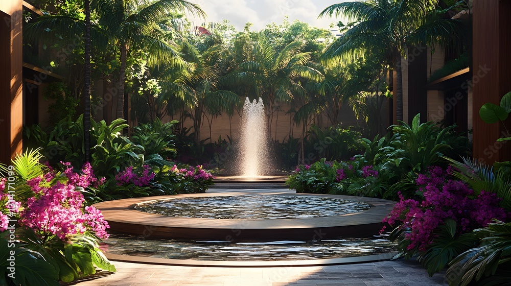 Poster a circular platform with gentle water waves rippling around it, placed in an open courtyard decorate