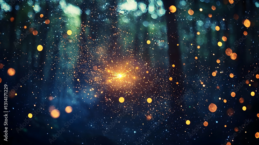 Poster magical golden sparkle in a dark enchanted forest with blue and green blurred background and bokeh e