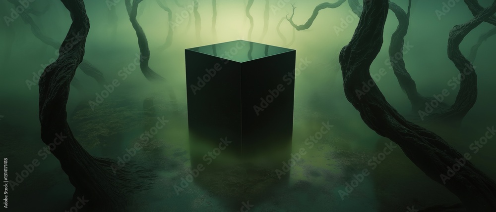 Poster digital illustration of a dark and eerie scene. in the center of the image, there is a tall, square-