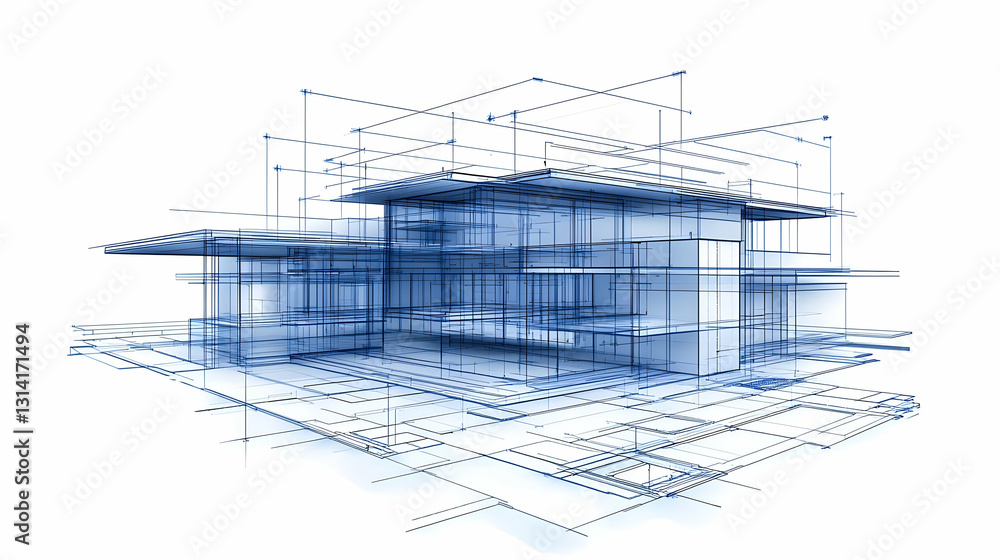 Poster modern house architectural design blueprint rendering with geometric lines on a white background in 