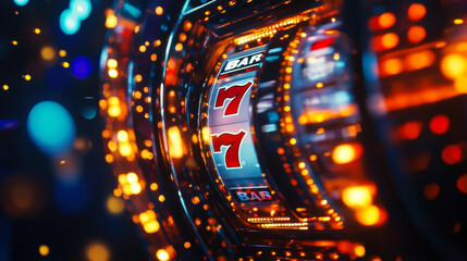 Vibrant spinning slot machine reels illuminated by dynamic lights in a lively casino atmosphere