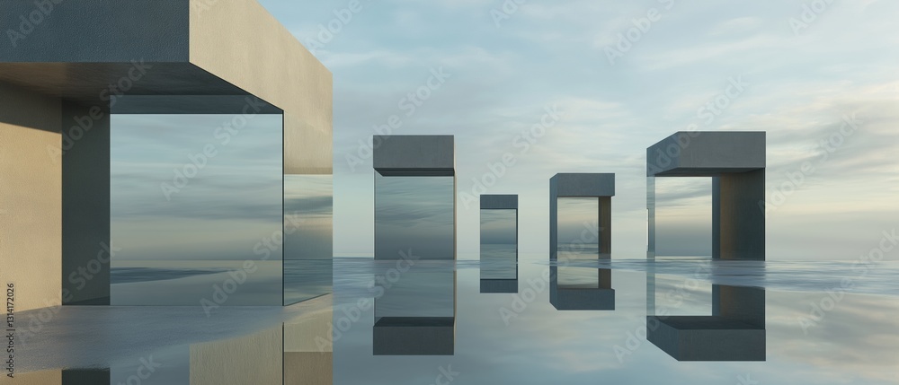 Aufkleber group of five modern geometric shapes arranged in a line on a body of water. the shapes are made of 