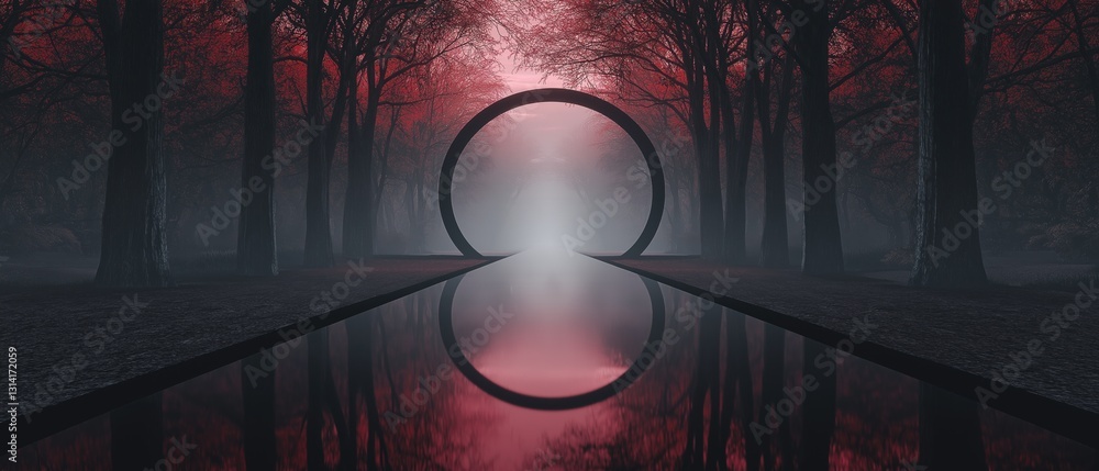 Poster digital art piece that appears to be a surreal landscape. it is a dark and eerie scene with a large,