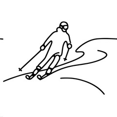 Obraz premium Minimalistic black and white outline vector drawing of a skier speeding down a mountain slope. Ideal for illustrating winter sports and outdoor activities.