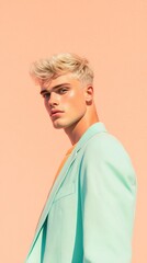 Fototapeta premium Elegant Man in Mint Blazer with Green Eyes