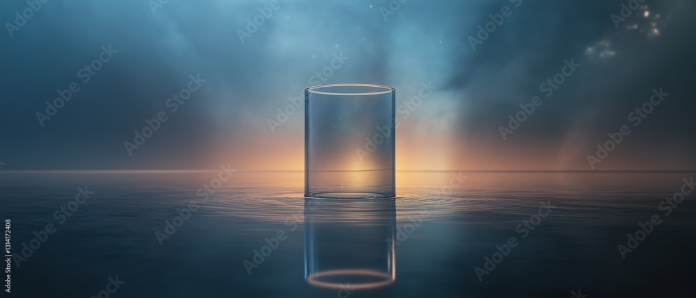 Poster digital illustration of a glass of water on a calm surface. the glass is empty and is standing uprig