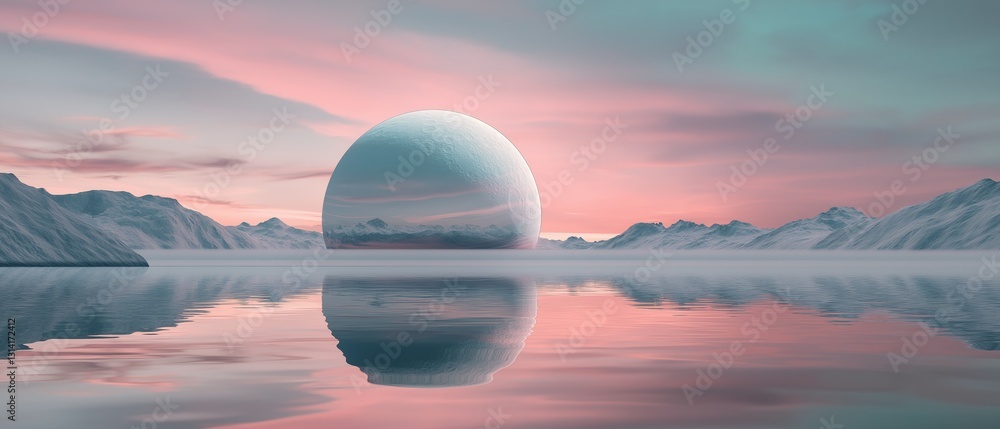 Poster digital illustration of a beautiful landscape with a large, spherical object in the center. the obje