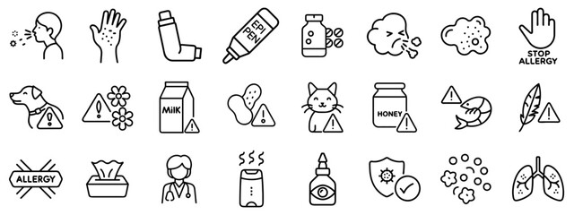 Collection of allergy-related icons on a transparent background for awareness and educational purposes