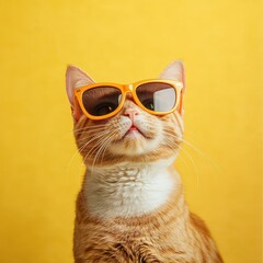 Playful Orange Cat Wearing Sunglasses on Pastel Yellow Background