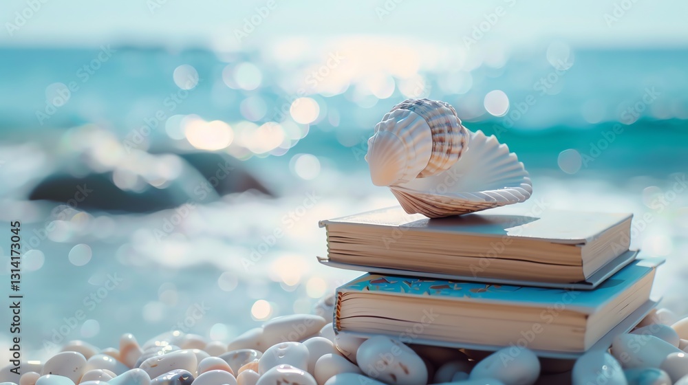 Poster a seashell rests on top of a stack of books on a beach.