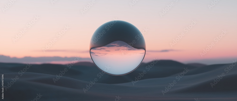 Poster digital illustration of a spherical object in the center of a desert landscape. the object appears t