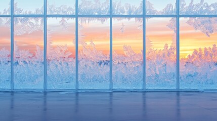 Frosted Window Panes at Sunset with Colorful Sky and Ice Patterns