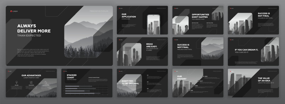 Minimalistic presentation template set. Modern presentation background, brochure cover design, brand guidelines, proposal presentation, annual report, company profile, pitch deck.