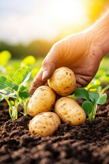 A farmer gently digs into the earth, uncovering golden-brown potatoes nestled in the loose soil. Sunlight filters through, casting soft shadows as fresh greens surround the harvest