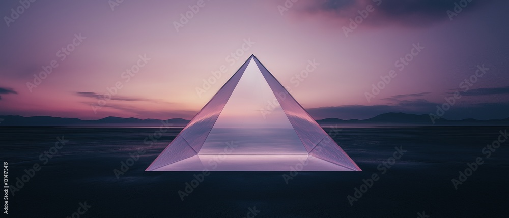Poster digital art piece that appears to be a photograph of a triangular prism in the middle of a vast land