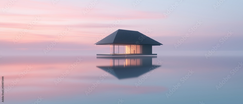 Poster 3d rendering of a small house with a triangular roof. the house is placed on a body of water, with t