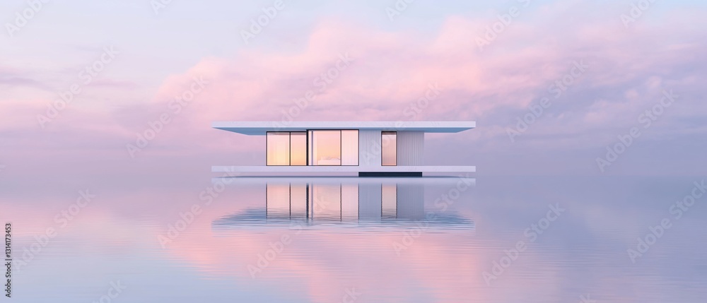 Poster 3d rendering of a modern house floating on a calm body of water. the house is white in color and has