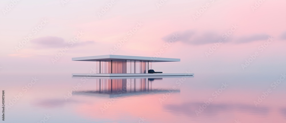 Poster 3d rendering of a modern floating house on a calm body of water. the house is white with a triangula