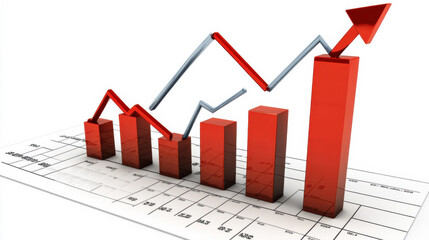 Chart depicting growth trend with rising bars and an upward arrow against a grid background