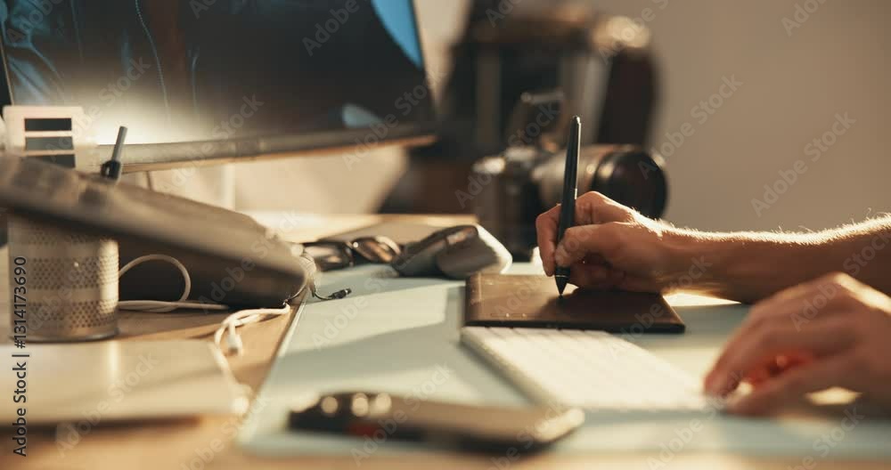 Poster hands, screen and graphic tablet for retouch, drawing or editing photography on computer keyboard. c