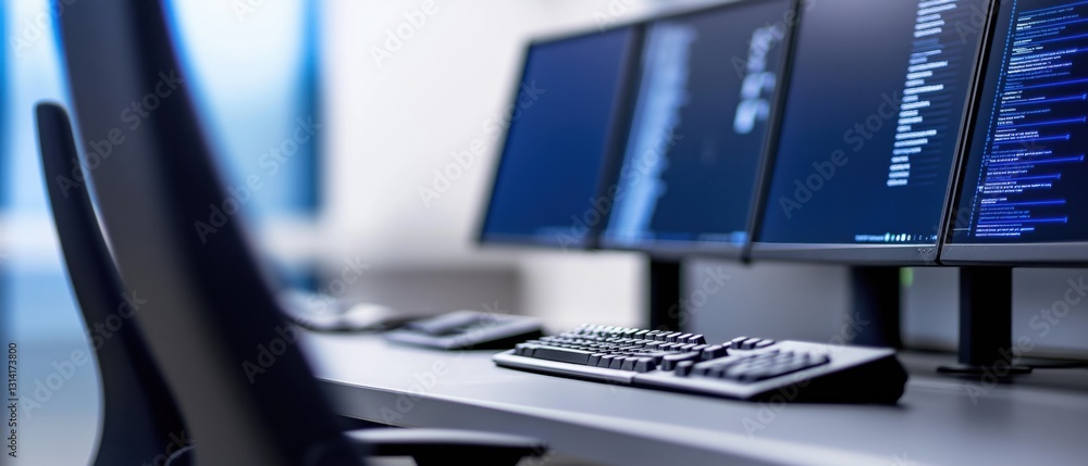 Aufkleber desk with three computer monitors and a keyboard on it. the monitors are arranged in a row and each 