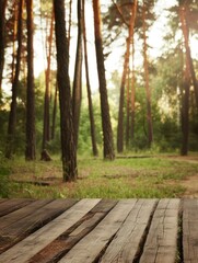 Empty rustic wooden table with textured planks set in a peaceful forest background