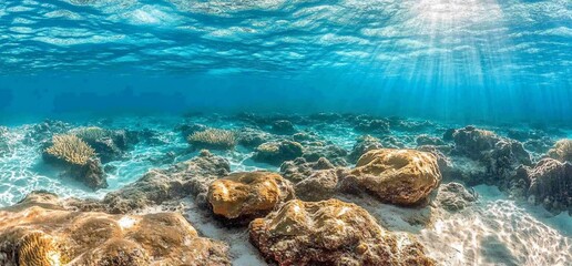 Underwater scene with rocks, sunlight beams, sandy bottom, and clear blue water