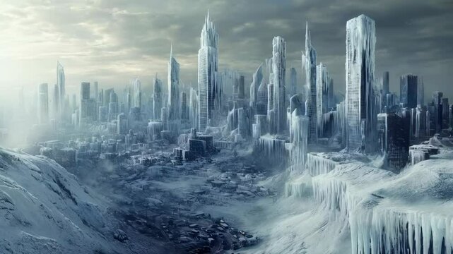 Frozen cityscape with towering skyscrapers encased in thick ice, abandoned cars buried in snow, and heavy snowfall blanketing the streets. Concept climate disaster and abandonment.