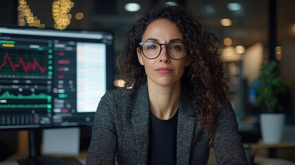 Businesswoman Burn out concept. Professional woman in glasses at a financial monitoring workspace.