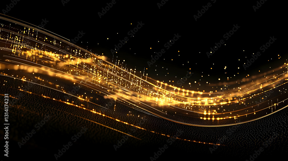 Poster Abstract Golden Sparkling Wave Pattern On A Dark Background With Glowing Light Effect Digital Art