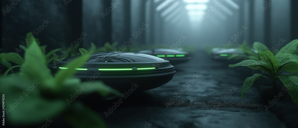 Poster dark and eerie scene with a row of flying saucers in the foreground. the saucer in the center of the