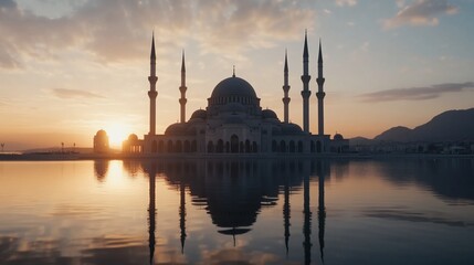 Fototapeta premium Majestic Mosque Sunrise Reflection Peaceful Architecture