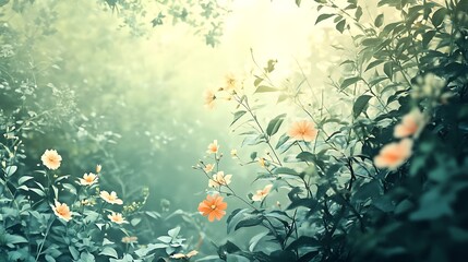 A serene scene of blooming flowers in a misty forest setting.