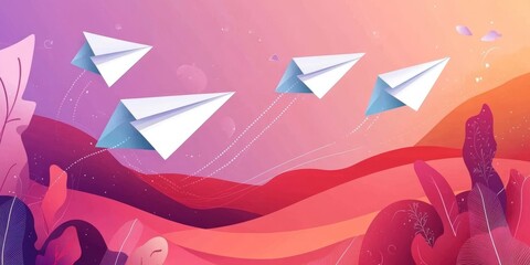 Subscribe to our newsletter web banner template. Paper planes like metaphor of mail. Concept of email marketing, correspondence service delivery registration banner.