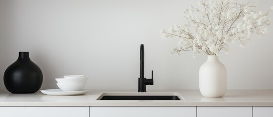 Modern kitchen countertop with a black faucet and a white sink. on the left side of the countertop, there is a black vase and a stack of white bowls.