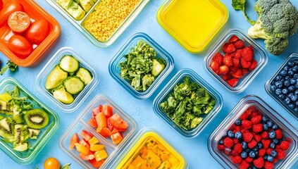 Fresh Meal Prep: An overhead shot of a colorful assortment of prepped healthy ingredients arranged in clear food storage containers. Perfect for meal prep.