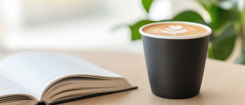 Black coffee cup with a latte art design on it. the cup is placed on a wooden table with an open book next to it. there is a green plant in the background, which is slightly blurred. - Powered by Adobe